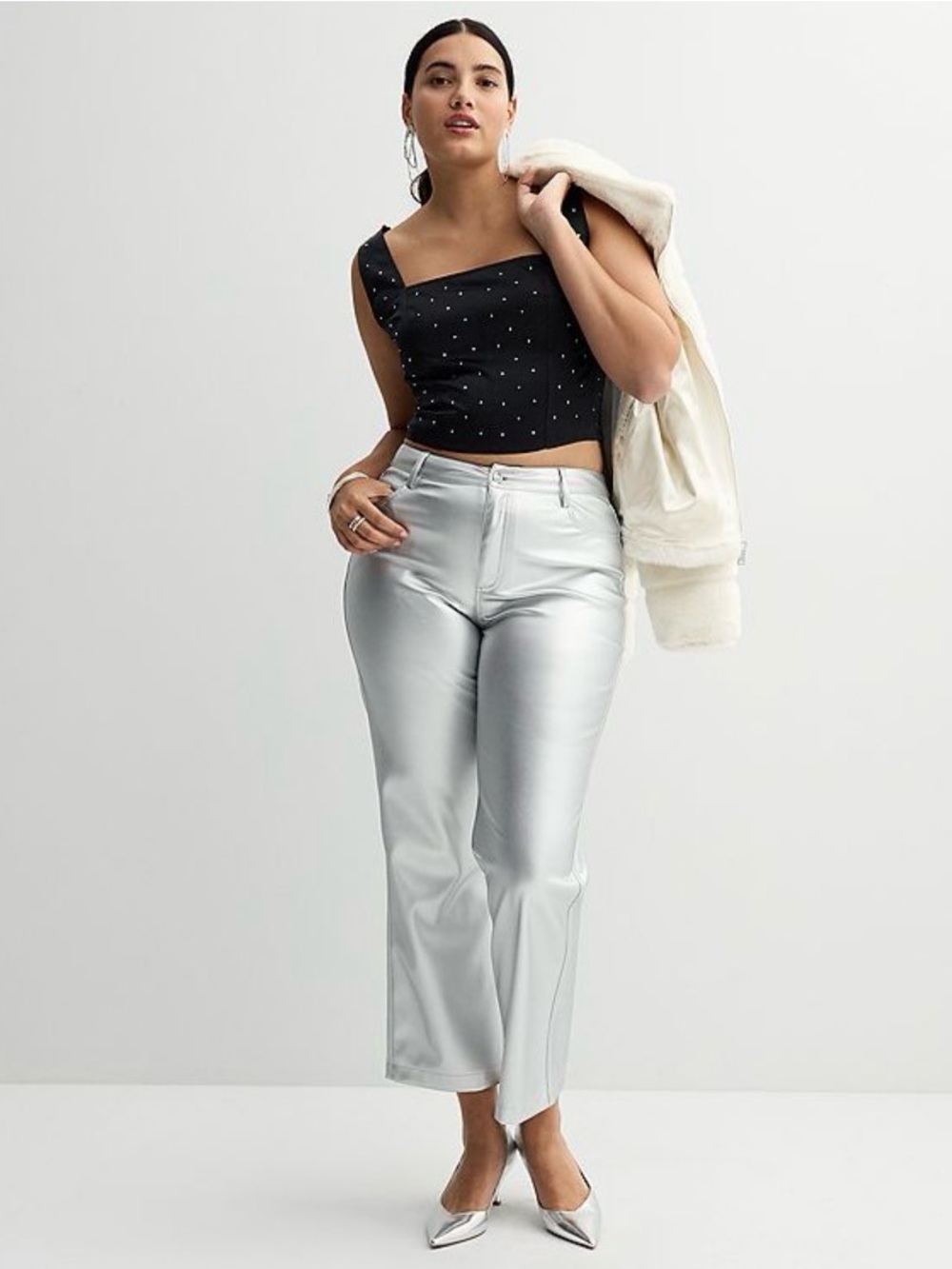 Straight-Leg Metallic Silver Pants